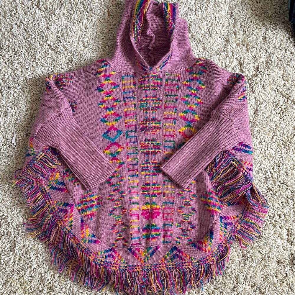 Colorful Hooded Poncho with Fringe